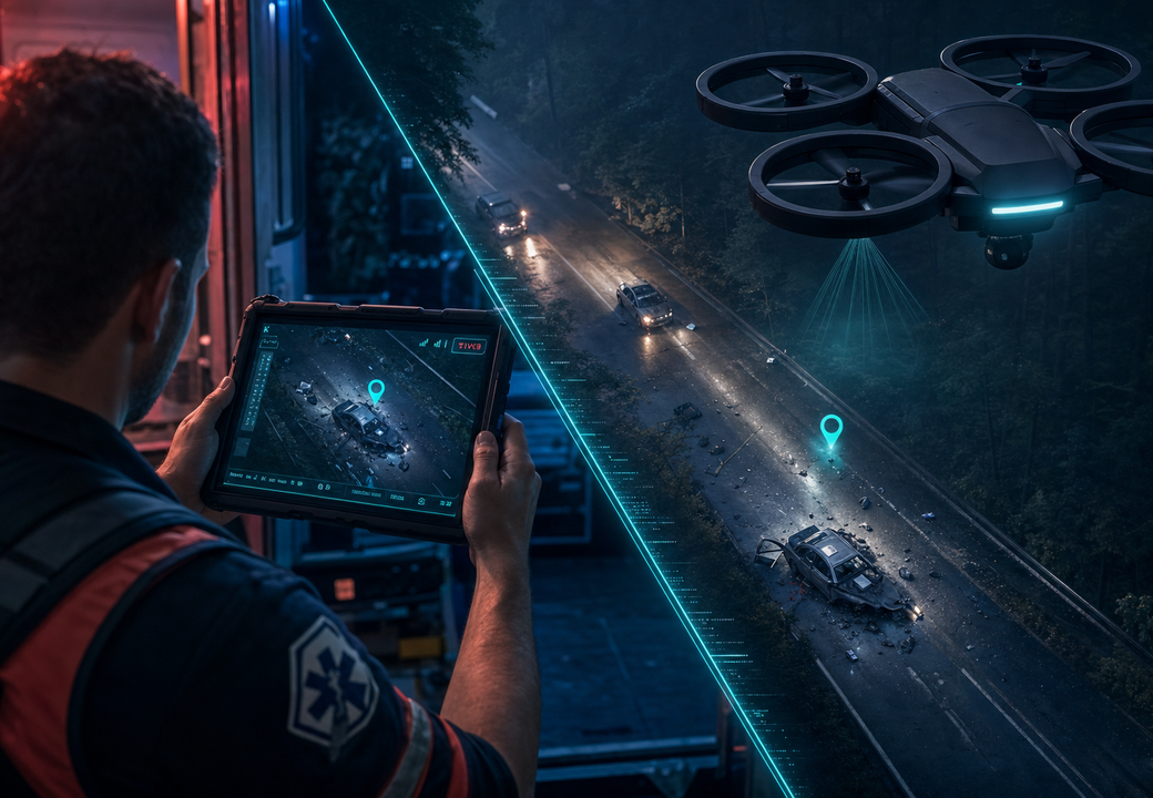 Ambulanciers arrivant informés sur un accident grâce au visuel aérien du drone Vigilance